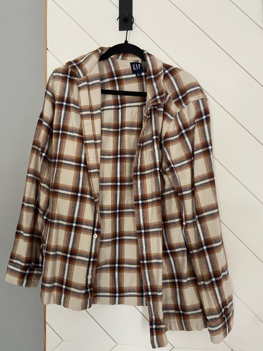 GAP Cream Plaid Flannel Shirt Jacket with Brown & Navy Stripes